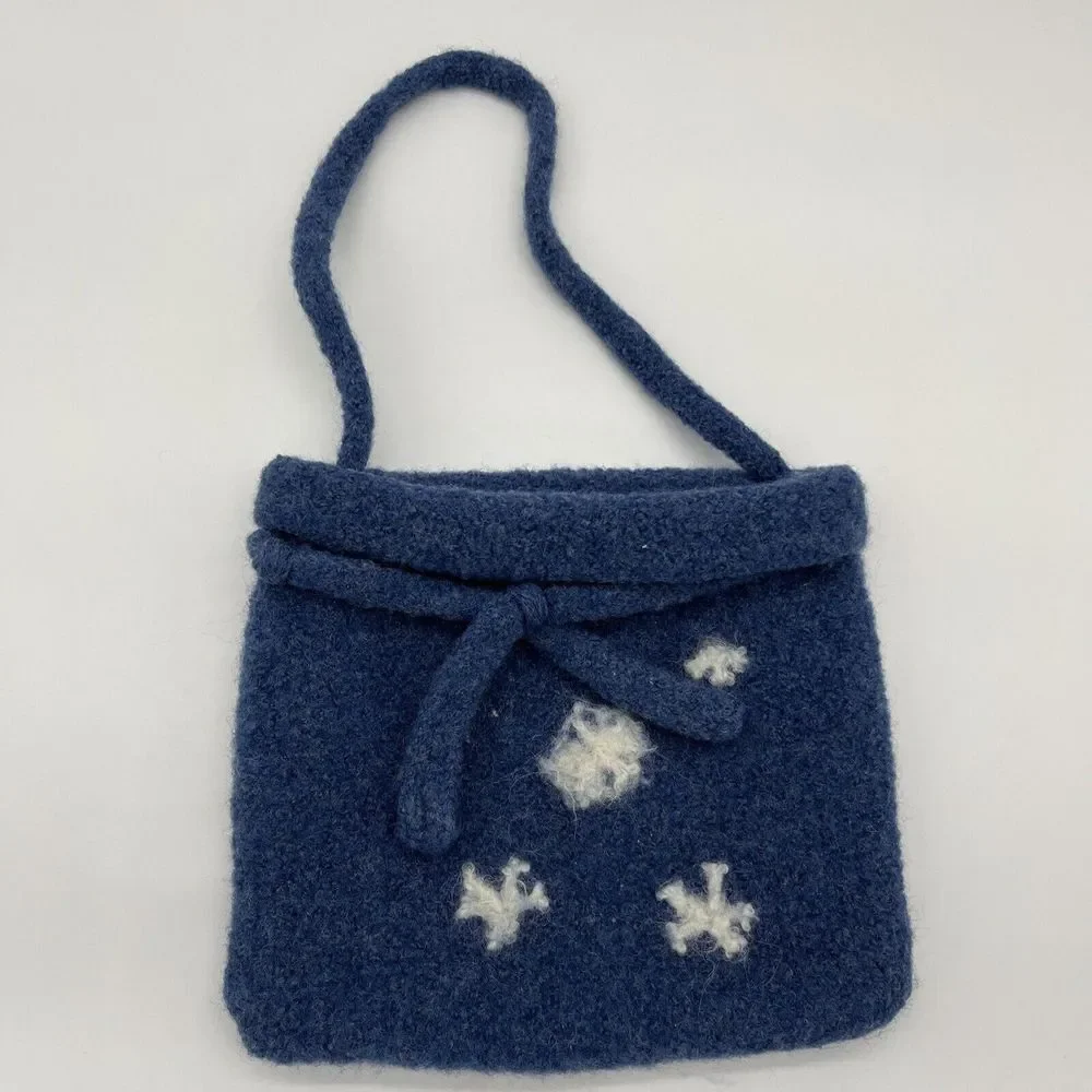 VTG Handmade Felted Wool Blue With‎ White Snowflakes Boho Bag Purse